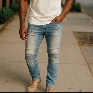 Switch Remarkable jeans often feature a slim taper fit, paint splatter 34x34